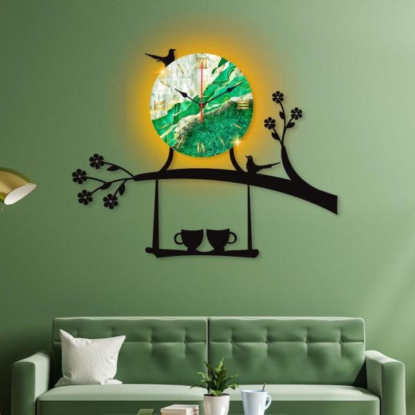 Tarang Bird on Tree with Coffee Cup Wooden Wall Clock – Elegant Home and Office Décor