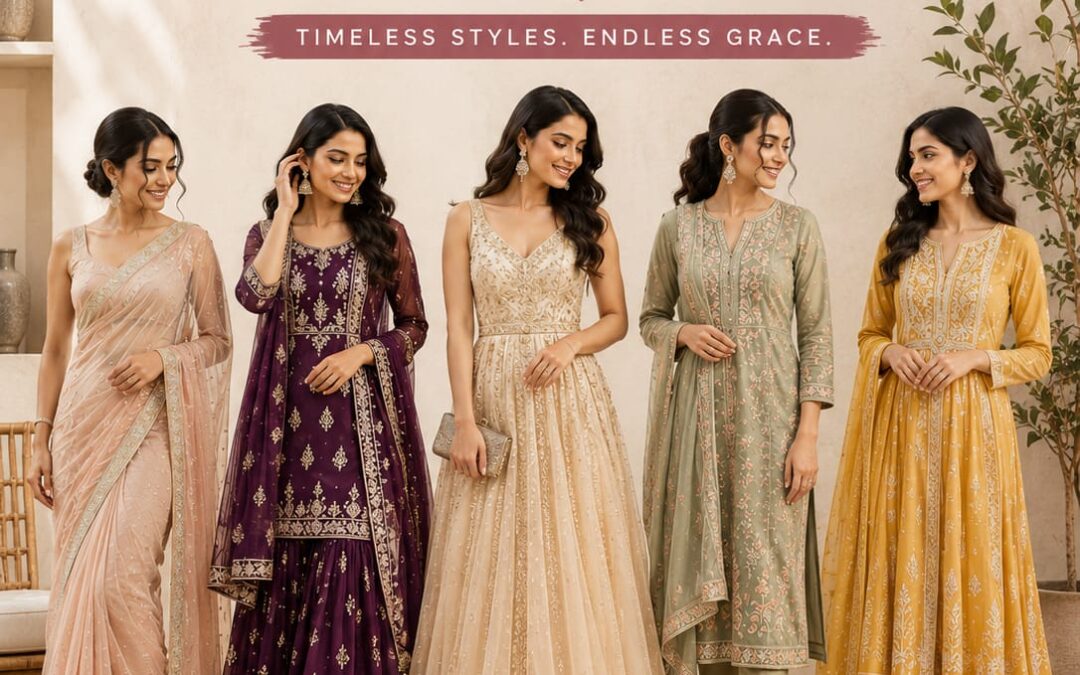 5 Ethnic Outfits Every Woman Should Have in Her Wardrobe”Saree, sharara, gown, kurta set, and more.